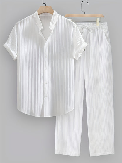 Men's Summer Casual Polyester Set with Stand Collar Shirt & Pants