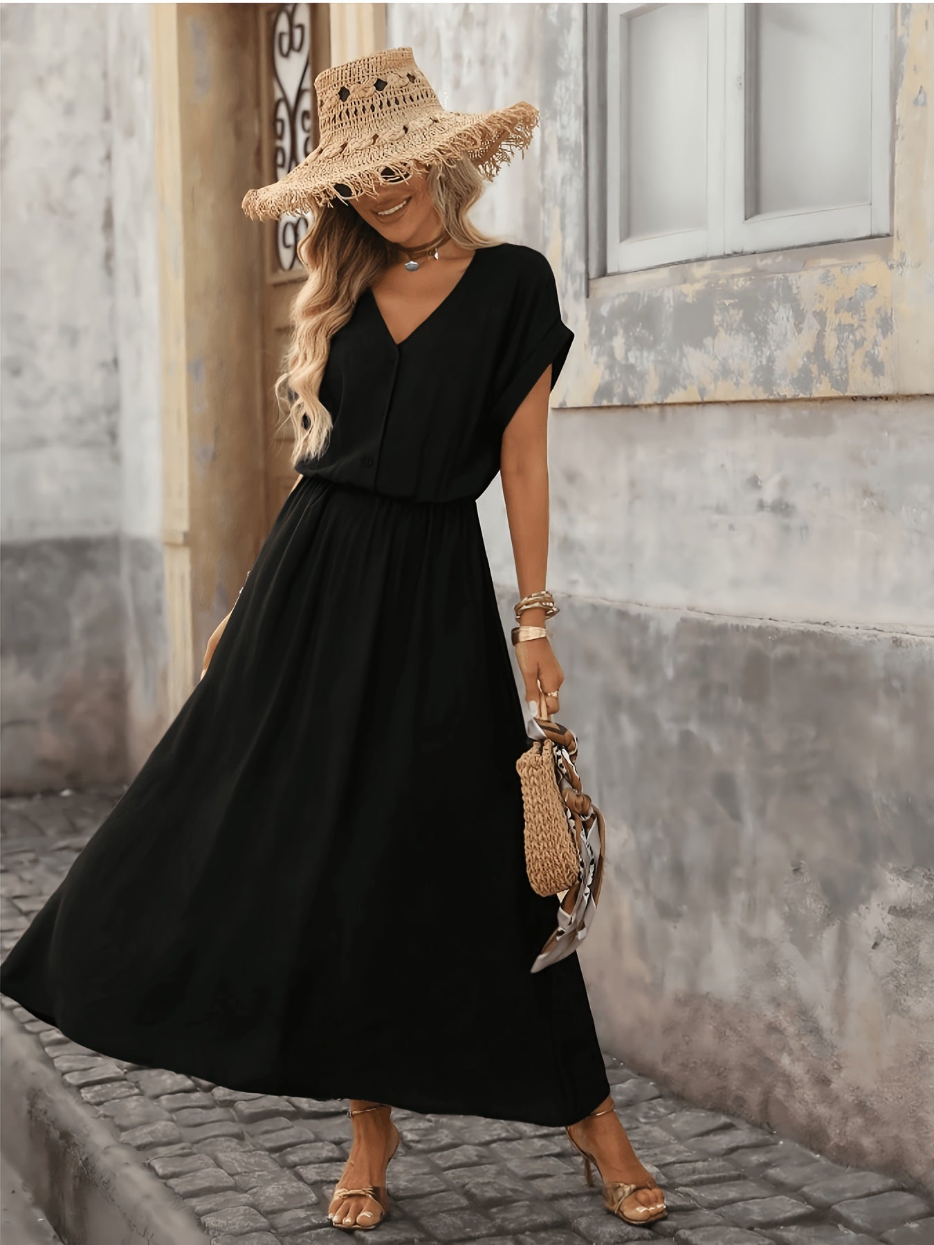 Women's Summer V-Neck Peplum Dress, Lightweight Polyester