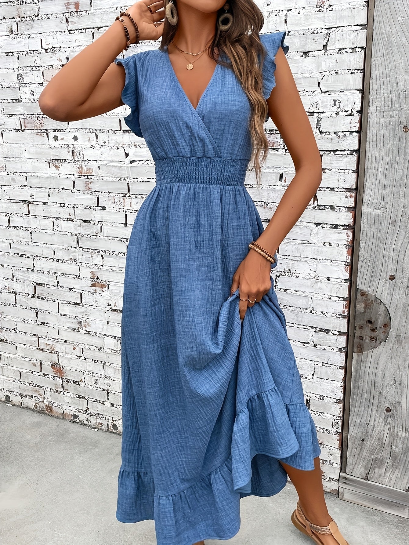Women's Casual Waist-Cinching Maxi Dress with V-Neck