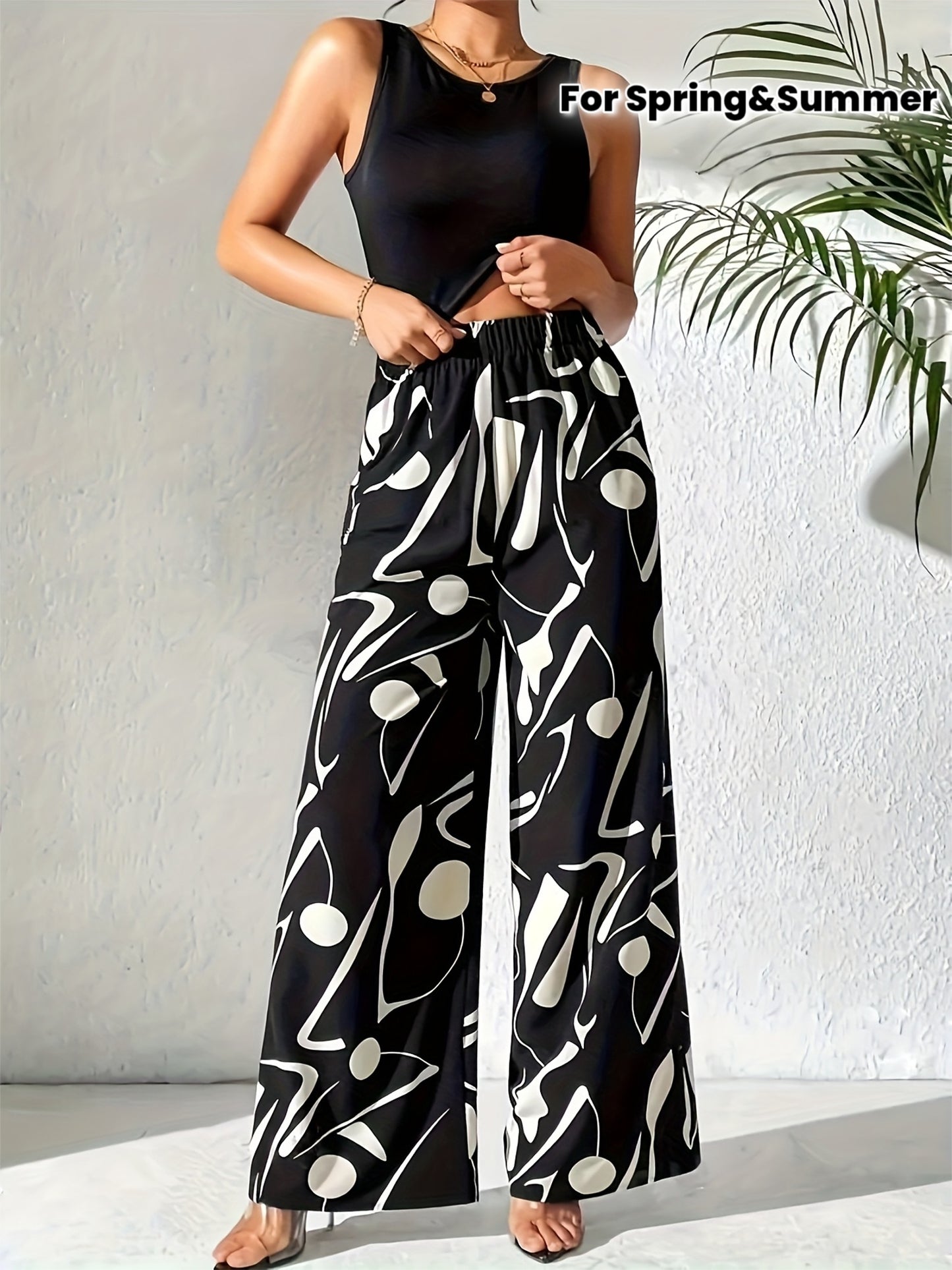 Women’s High-Waisted Wide-Leg Casual Pants with Geometric Print