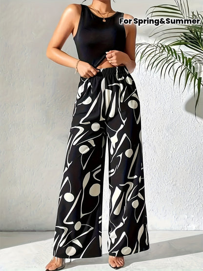 Women’s High-Waisted Wide-Leg Casual Pants with Geometric Print