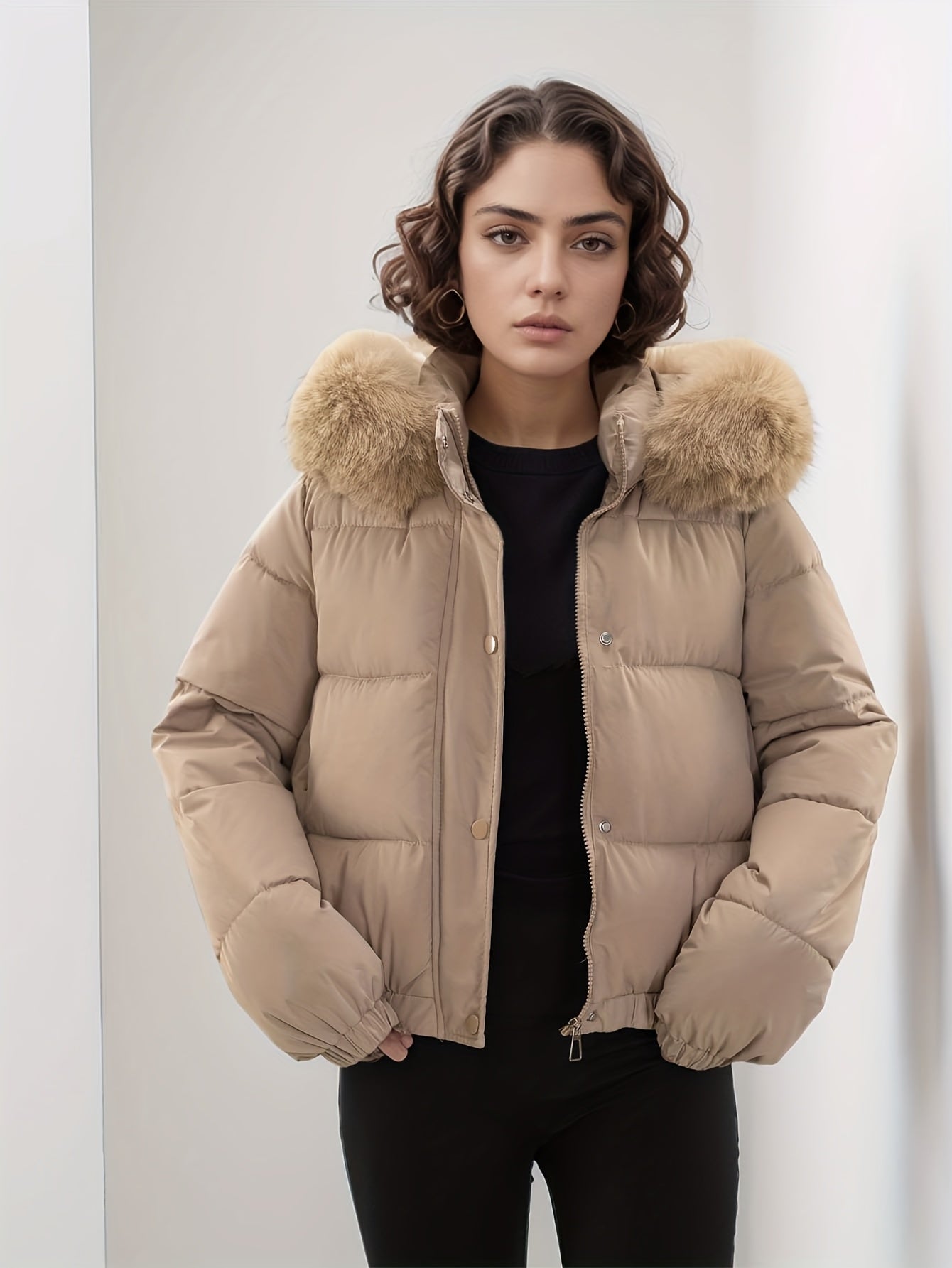 Women'S Winter Coat with Removable Faux Fur Hood - Thickened Loose Fit Long Sleeve Jacket, Zippered Pockets & Button Front, Casual Solid Color Outerwear for Cold Weather, Cozy Warmth, Buttoned Closure, Durable Fabric