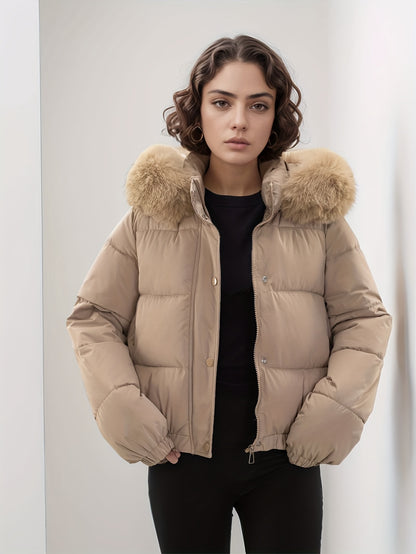 Women'S Winter Coat with Removable Faux Fur Hood - Thickened Loose Fit Long Sleeve Jacket, Zippered Pockets & Button Front, Casual Solid Color Outerwear for Cold Weather, Cozy Warmth, Buttoned Closure, Durable Fabric