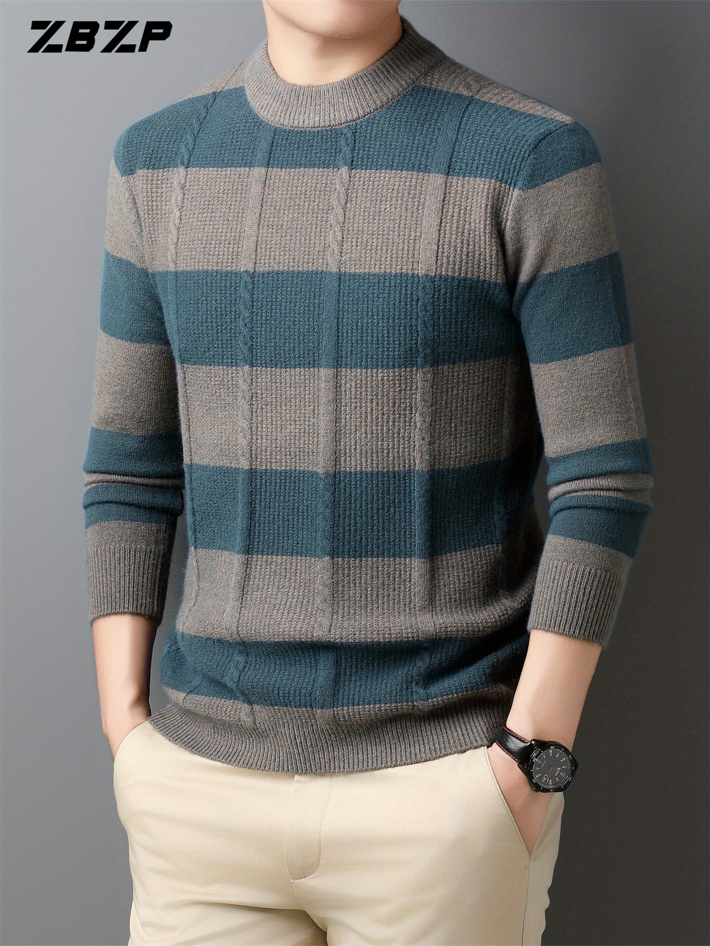 ZBZP Men'S Casual Striped Knit Sweater - Dark Gray & White Horizontal Stripes, Round Neck Long Sleeve, Regular Fit, Autumn Winter Warm Pullover for Casual Attire, Knit Sweater, Comfortable Fashion, Soft Texture, Cold Weather