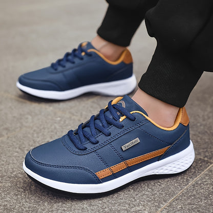 Casual Sneakers| VanWeir Men's Fashion Sneakers - Casual Lace-Up Shoes with PU Upper & MD Sole, Comfortable Fabric Insole, Versatile for All Seasons, Navy Blue with White & Orange Accents, VANWEIR