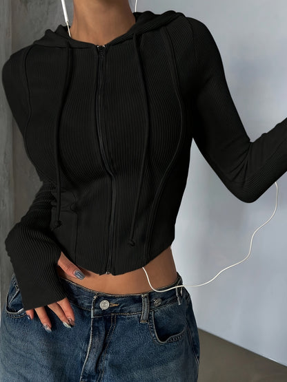 Կանացի էլեգանտ, երկար թևքով, կայծակաճարմանդով և գլխարկով բաճկոն՝ սև երիզով, առջևի մասով լարով, գարուն/աշուն ամենօրյա ոճով, ամենօրյա վերնազգեստ | Գլխարկով բաճկոն | Շինարարական, անհրաժեշտ վերնաշապիկ