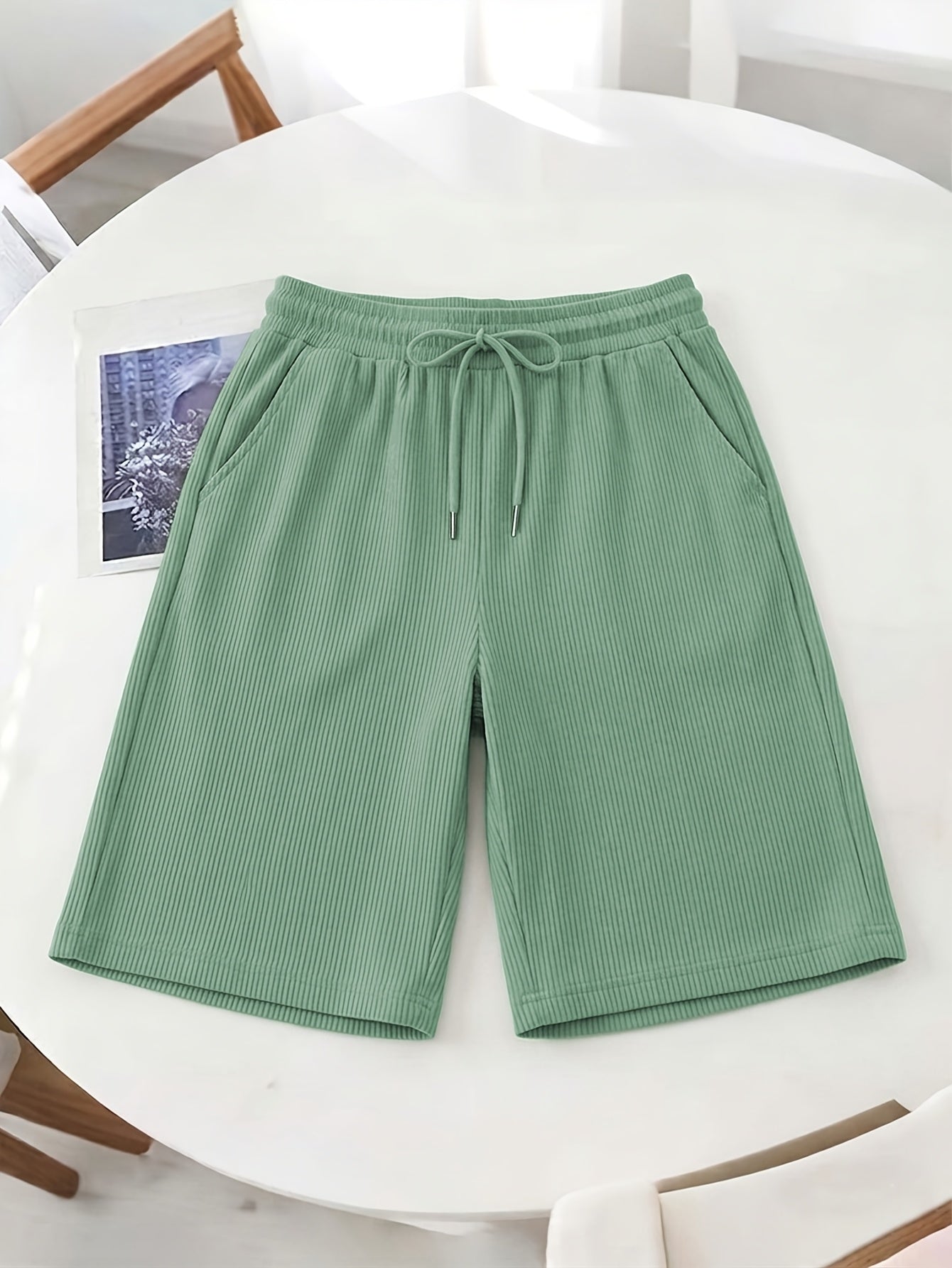 Women’s Casual Loose-Fit Corduroy 5-Point Pants with Elastic Waist