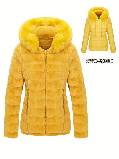 Women'S Heavyweight Winter Coat - Dual-Sided Reversible Jacket with Full-Zip Front, Hooded Collar, Two-Way Zipper Closure - Warm Outerwear for Cold Weather, Office, Travel - Elegant Brown Coat (Size & Wash Label in Pocket), L