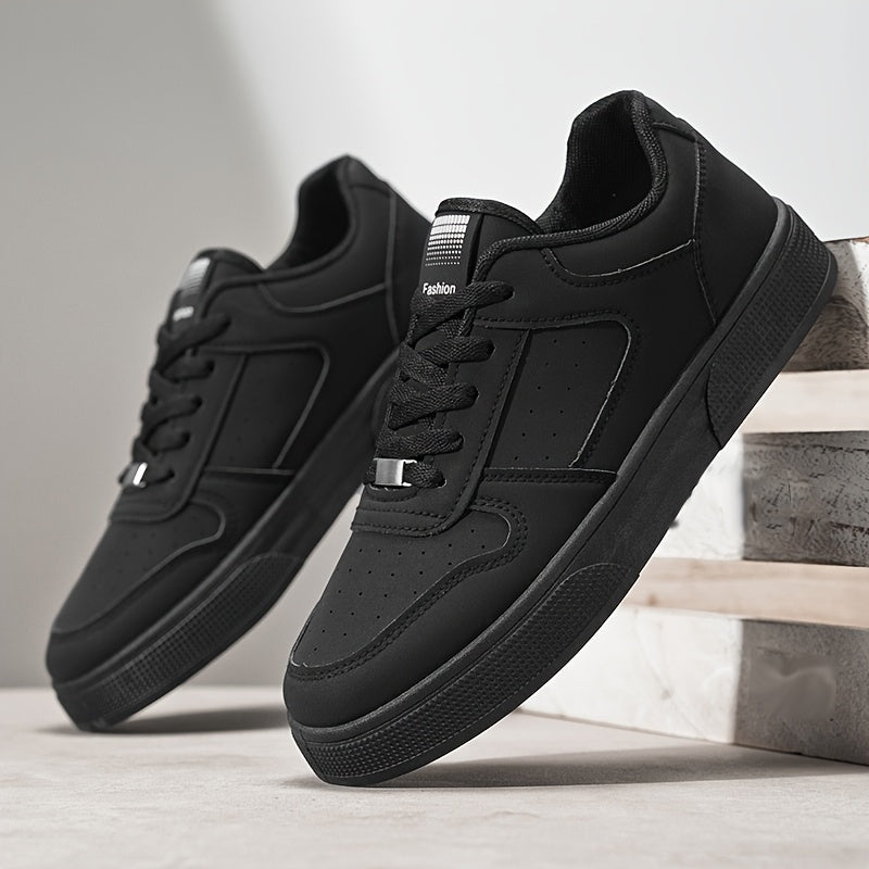 Breathable Skate Shoes - Sleek Black Low-Top Casual Sneakers with Durable PU Upper & PVC Sole, Comfortable Lace-Up Streetwear for Men and Women, All-Season