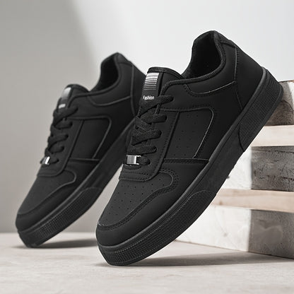 Breathable Skate Shoes - Sleek Black Low-Top Casual Sneakers with Durable PU Upper & PVC Sole, Comfortable Lace-Up Streetwear for Men and Women, All-Season