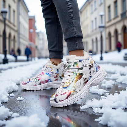 Women'S Plush Winter Snow Boots - Thick Cushioned Mid-Heel, Round Toe & Closure, Vibrant Floral Pattern, Warm Fleece Lining, Perfect for Casual & Formal Occasions, Snow Boots for Women, Formal Footwear, Decorative Pattern Foo