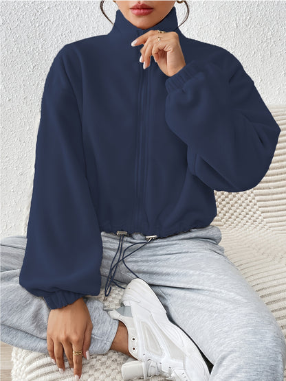 Women'S Casual Zippered Front Drawstring Hem Jacket - High-Neck Long Sleeve with Pockets, All-Season Comfort, Machine Washable, Versatile for Casual Attire, Casual Wear Jacket | Highneck Jacket | Zippered Jacket