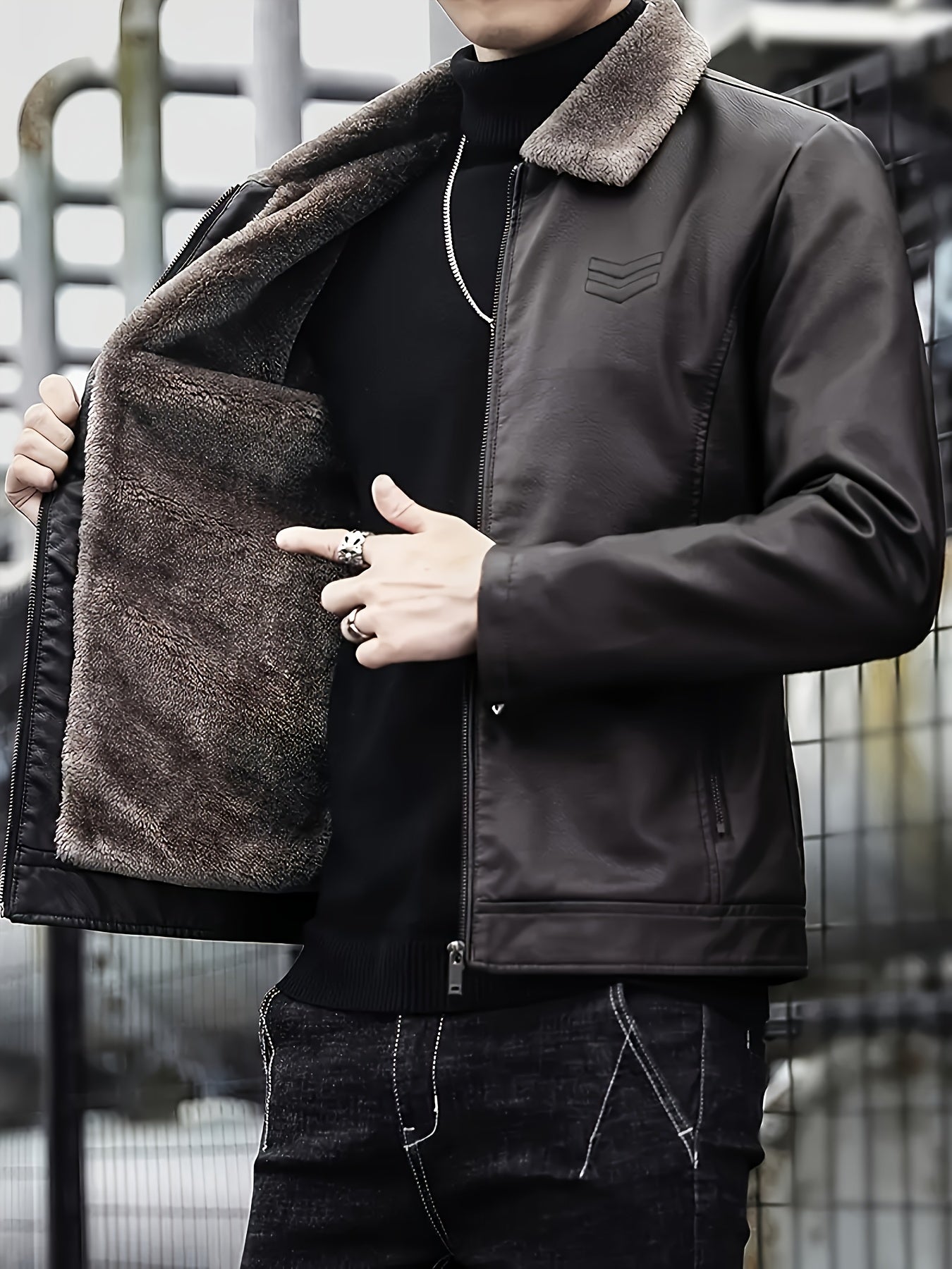 Siji Dou OBM տղամարդու վերարկու, նոր աշնանային/ձմեռային բրդյա ծածկույթով բաճկոն՝ արհեստական ​​մորթուց օձիքով, նորաձև առօրյա բաճկոն տղամարդկանց համար