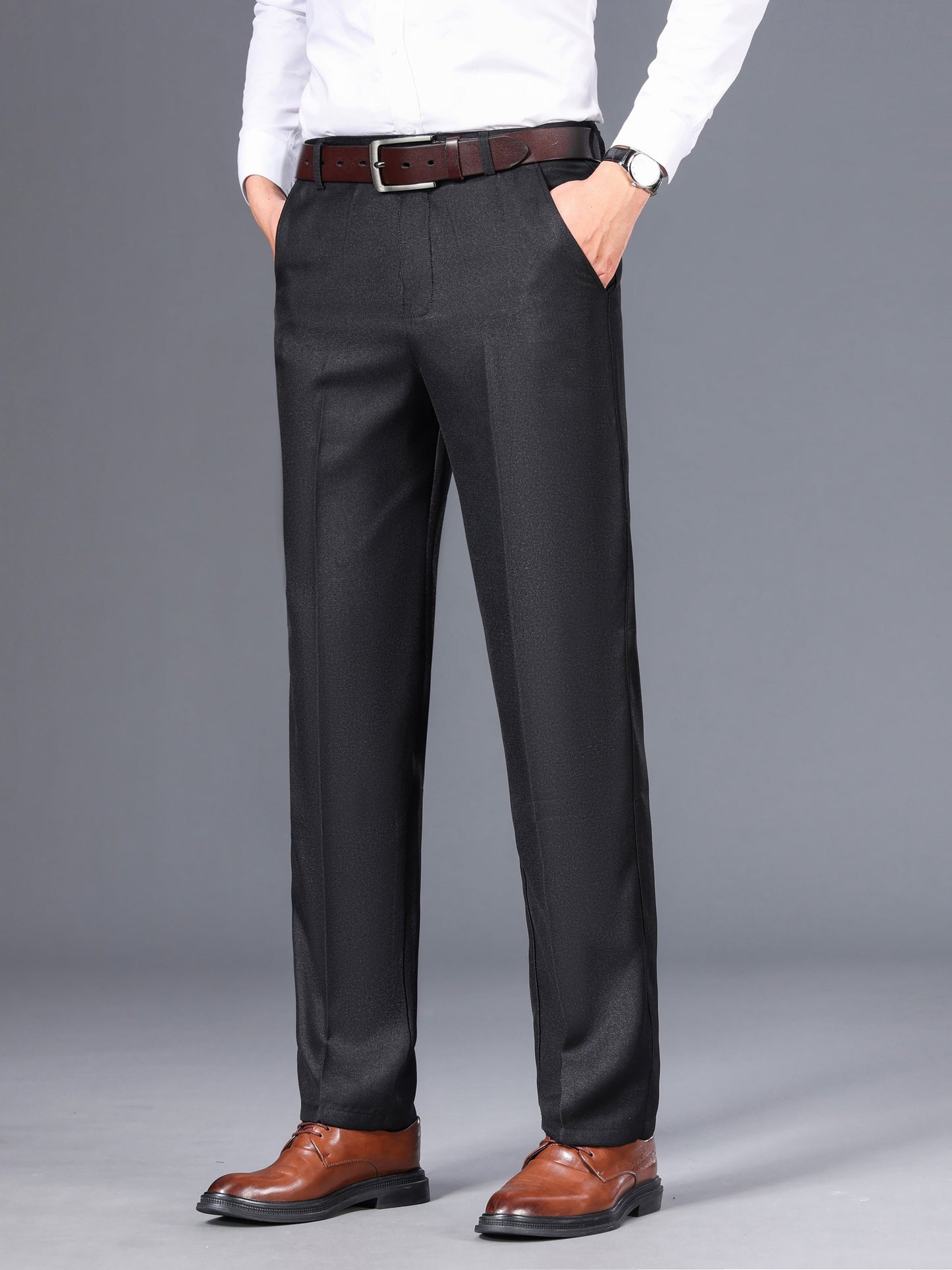 Men's Classic Gray Dress Pants - Medium Thick, Straight Fit with Slant Pockets & Zipper Closure, Polyester, Non-Stretch Fabric for Business Casual & Formal Wear, Ideal for Spring/Autumn