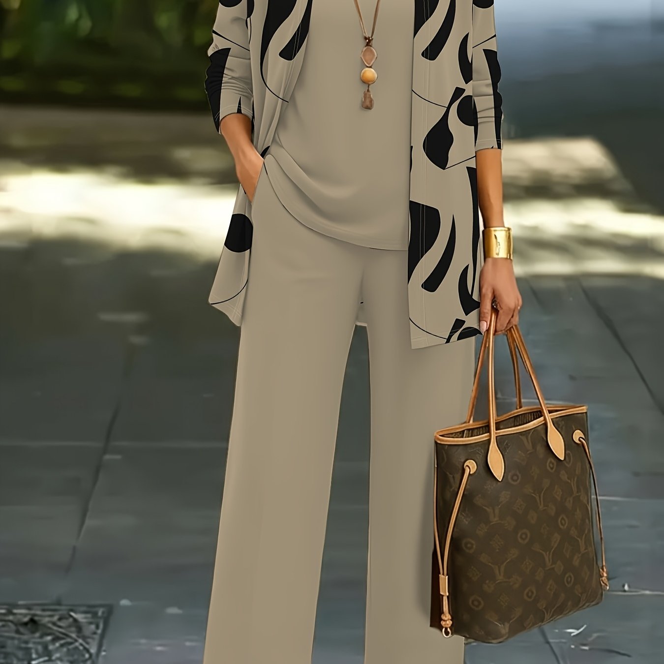 3pcs Women's Set: Abstract Print Cardigan with Vest Top and Elegant Casual Pants, Essential for Casual Attire