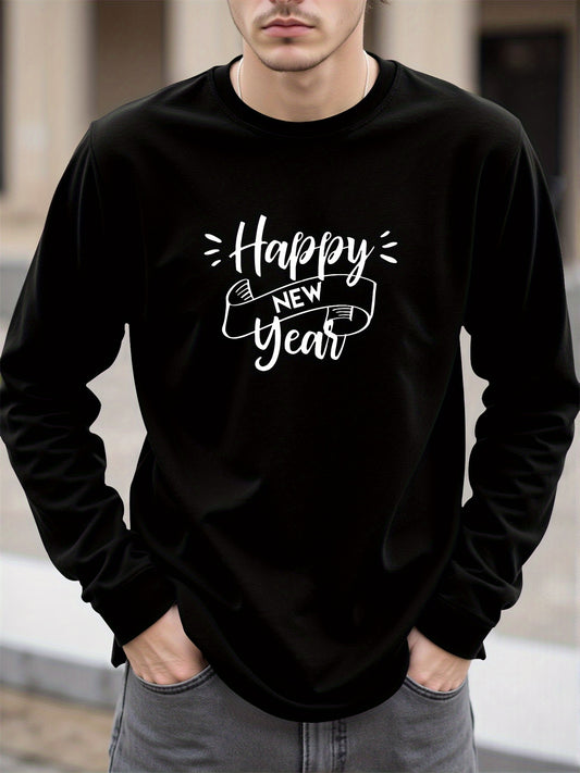 Men'S Happy New Year Graphic T-Shirt - Casual Long Sleeve Crew Neck, White with Black Lettering & Festive Design, Loose Fit for Spring/Fall, Perfect for Casual Attire, Festive Clothing | Festive Graphic Tee | Comfortable Fit