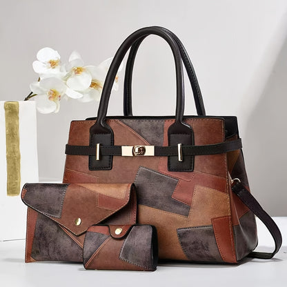3-Piece Women's Faux Leather Handbag Set with Adjustable Strap