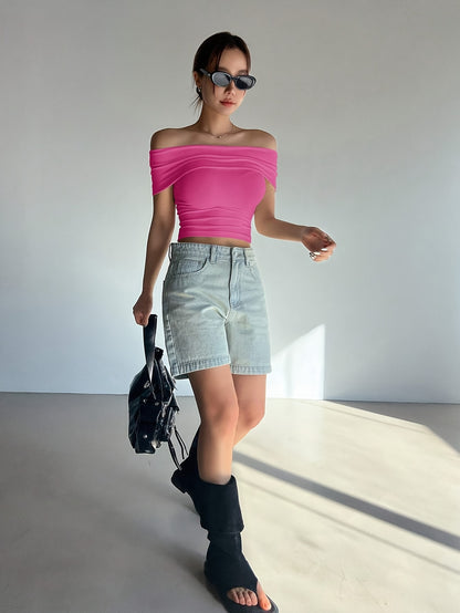 Chic Comfort| Elegant Women's Light Pink Off-Shoulder Ruched Crop Top - Slim Fit, Solid Color, Polyester & Elastane Blend, Machine Washable for Summer, Casual Wear|Chic Offshoulder Top|Delicate Texture