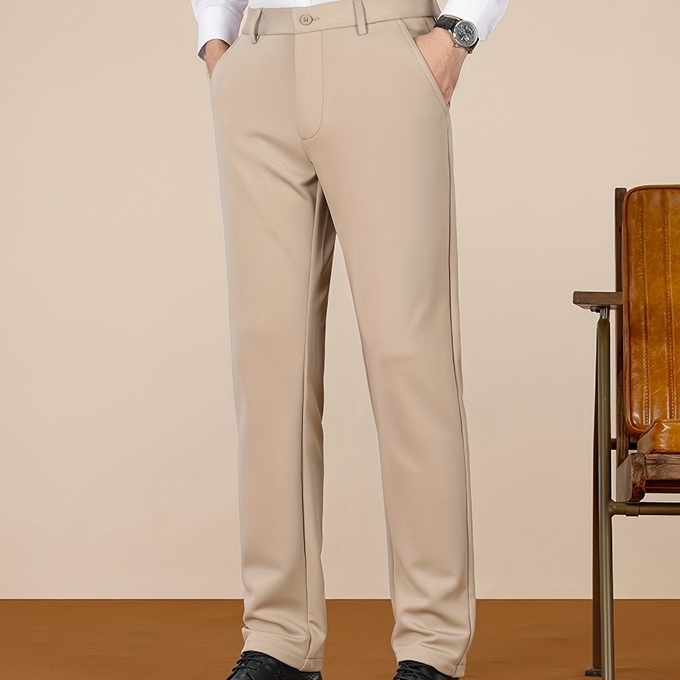 Men's Casual Pants, Autumn Polyester Blend, Regular Fit, Solid Color, Button Detail, Slim Fit, Standard Length, Men's Fashion, Trousers for Men
