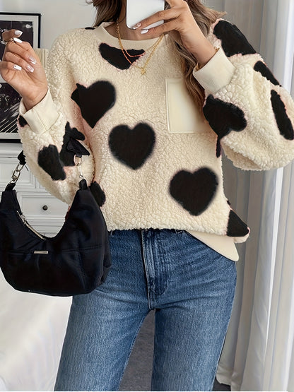 Women'S Plush Heart Sweater - Soft & Heart Pattern Sweater with Heart Cutouts, Cozy Winter Sweater for Fall & Winter