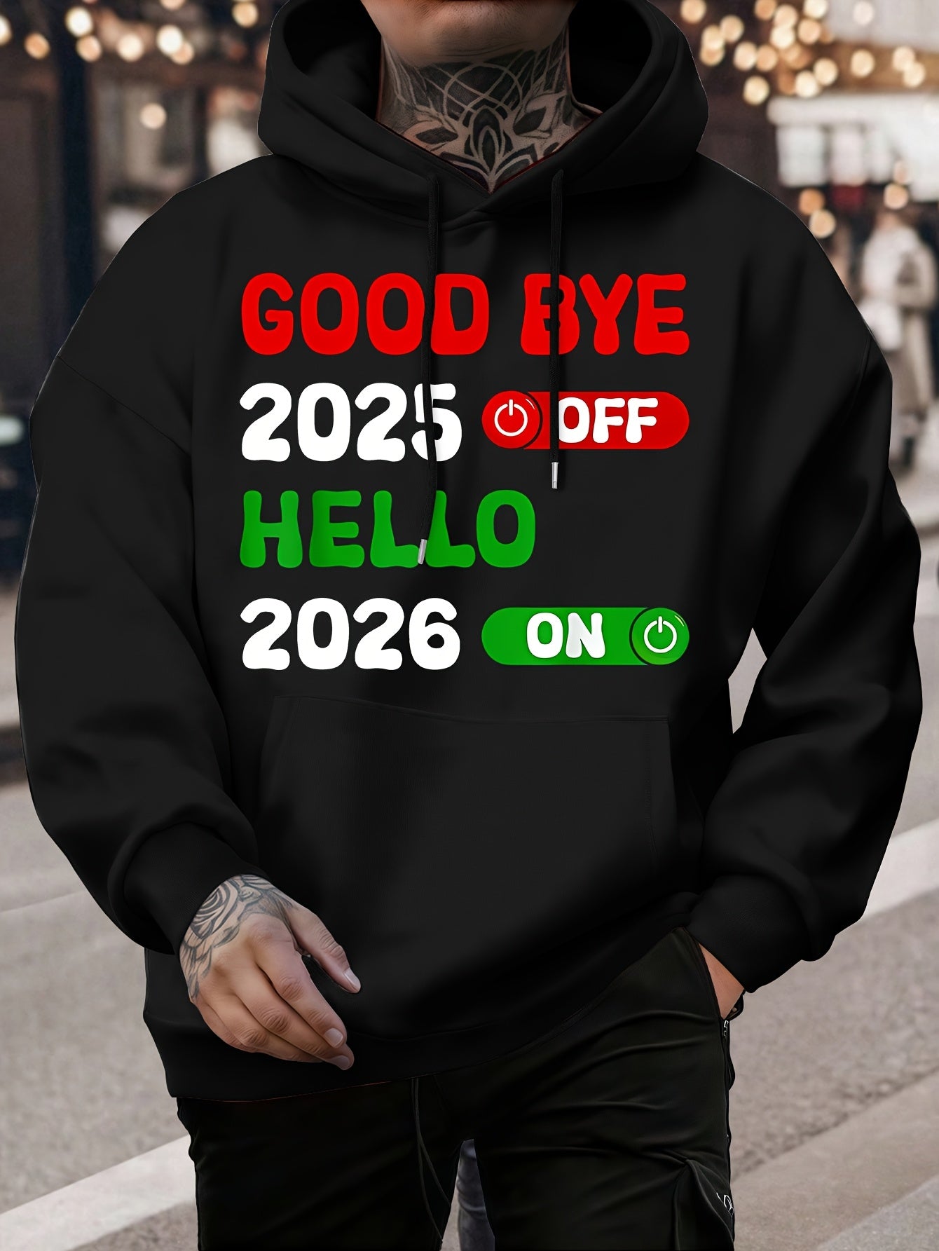 Men's 2025 New Year Print Hooded Sweatshirt - Kanji-Inspired "Goodbye 2025 2026" Pullover, Winter Warm Casual Sweater with Green/Red Toggle Switch Design, Machine Washable Red Hoodie for Christmas & NYE Parties