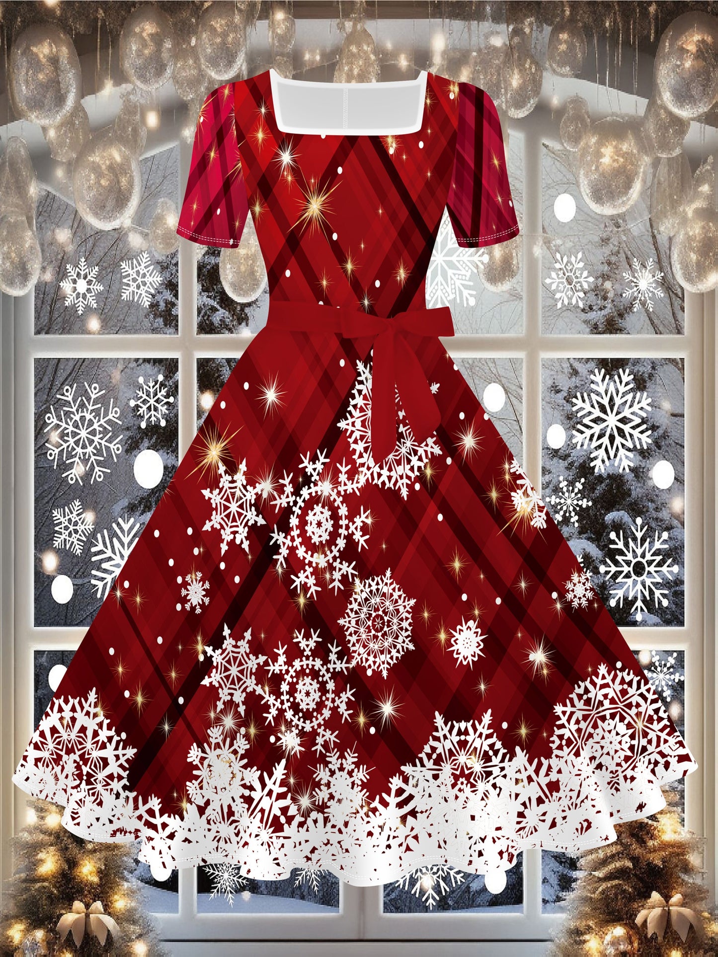 Women's Elegant Red & White Snowflake Print Winter Dress with Square Neckline & A-Line Silhouette - Machine Washable Floor-Length Party Dress for Christmas, New Year's Eve, Everyday & Formal Events - Festive Winter Outfits, F