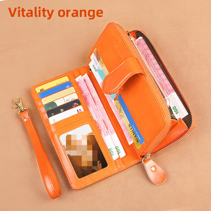 Two-Layer Cowhide Leather Clutch Wallet for Men & Women, Casual Large Capacity RFID Blocking Zippered Hand Purse with Transparent ID Slot and Anti-Theft Brush, Versatile for Going Out