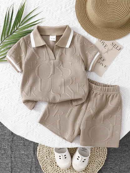 Baby Boy Khaki Lapel Shirt & Green Elastic Waist Shorts Set