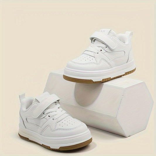 Preppy Style Solid Color Casual All-Season Low Top Sneakers for Boys and Girls with Adjustable Strap Closure, PU Upper, Fabric Lining, and Durable Rubber Sole, Perfect for Daily Wear & School Under 14 Years - White