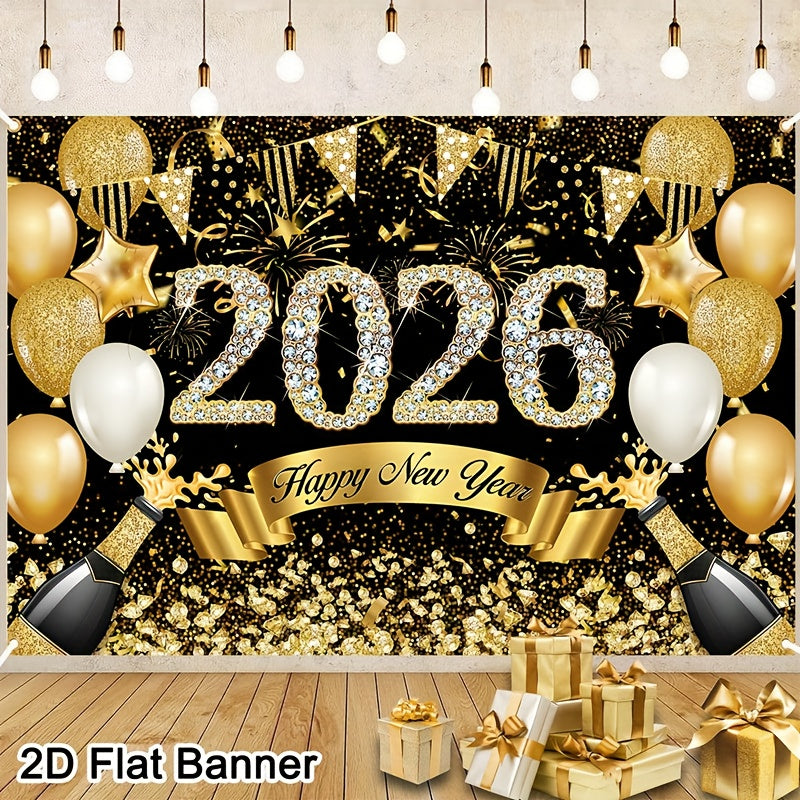 2D Flat, 1pc 2026 Happy New Year Party Backdrop Banner - 80x120cm Polyester Champagne & Cityscape Design, Golden & Purple Fireworks, Festive New Year'S Eve Decor for Home, No Electricity Needed, New Year Decorations, Flag For