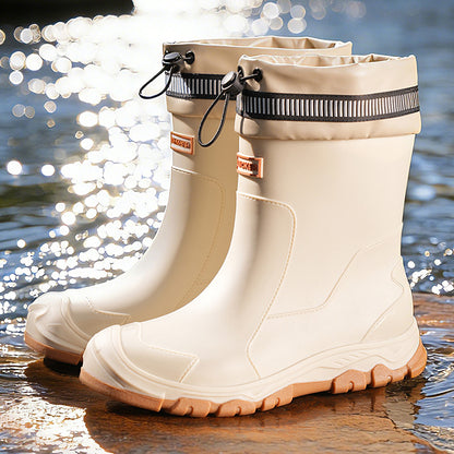 Unisex Mid-Calf Rubber Rain Boots with Drawstring Closure