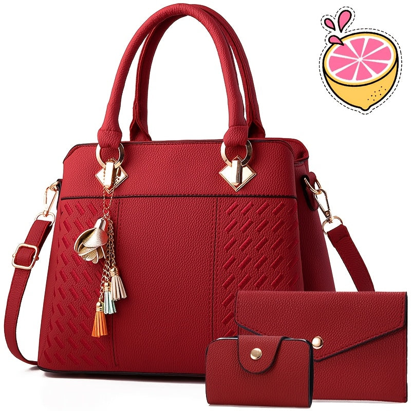 Women's Quilted PU Leather Shoulder and Crossbody Bag Set