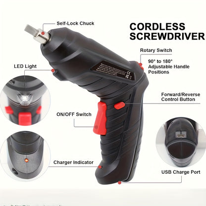 Portable Cordless Screwdriver Set, Featuring a Screw Gun And Mini Screwdriver, Designed for Electric Drill Kits. It Has an Adjustable Design, Durable Battery Life, High Torque, And Includes Various Accessories for Both Lovers