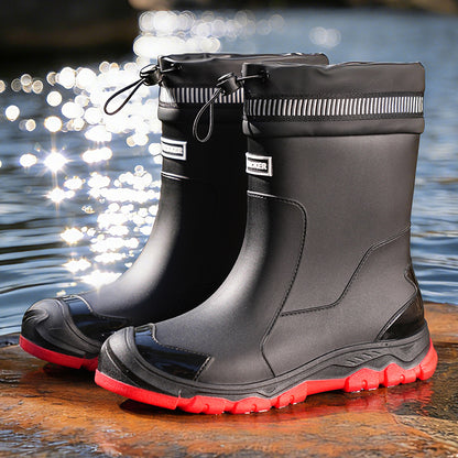 Unisex Mid-Calf Rubber Rain Boots with Drawstring Closure