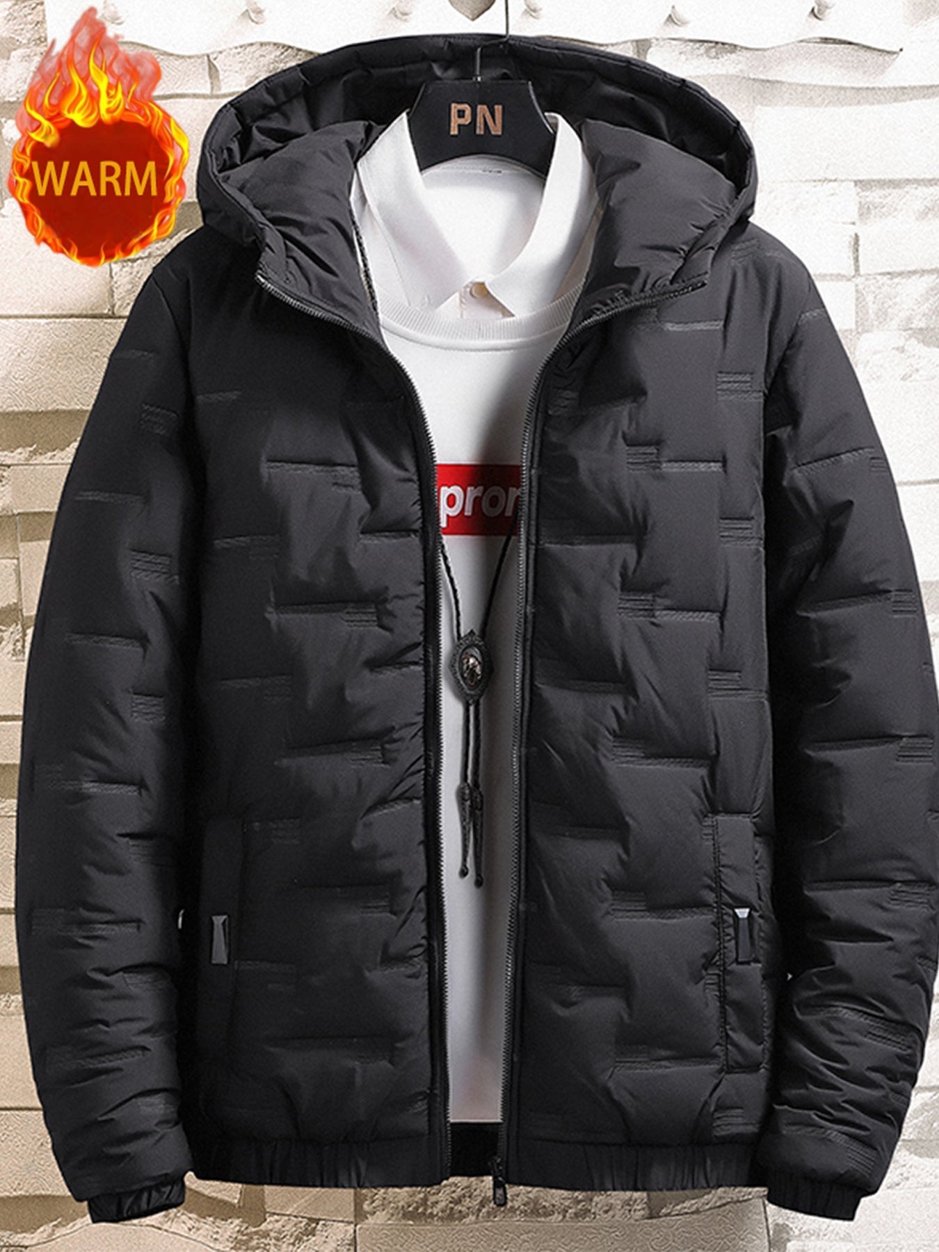 1pc Men's Heavy-Duty Winter Jacket with Hood - Stand Collar & Zippered Pockets, Grey/Black & White, Machine Washable Cold Weather Coat for Skiing, Snowboarding, Outdoor Activities (-Filled)