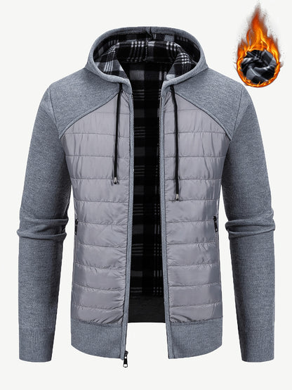 Men's Quilted Hooded Zip-Up Jacket with Plaid Lining for Winter
