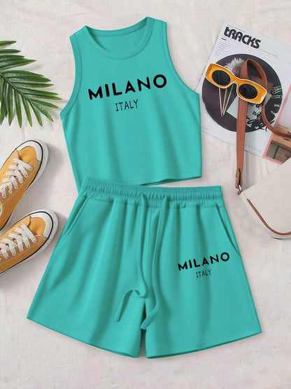Casual Women's Two-Piece Vest and Shorts Set with Drawstring