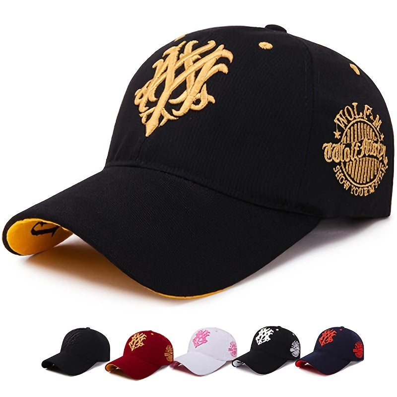Men's Embroidered Letter Baseball Cap - Adjustable Snapback, Sun Protection, Rayon, Black with Golden Embroidery, Casual Sport Hat for All Seasons