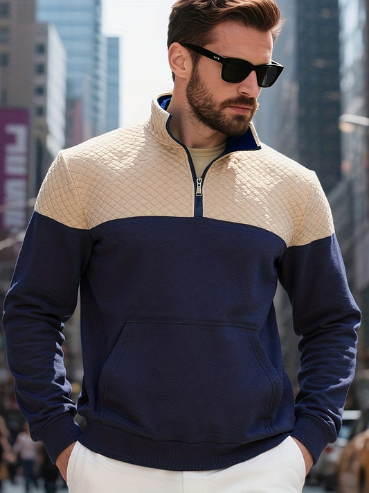 Men's Casual Half-Zip Color Block Sweatshirt with Kangaroo Pocket - ayq