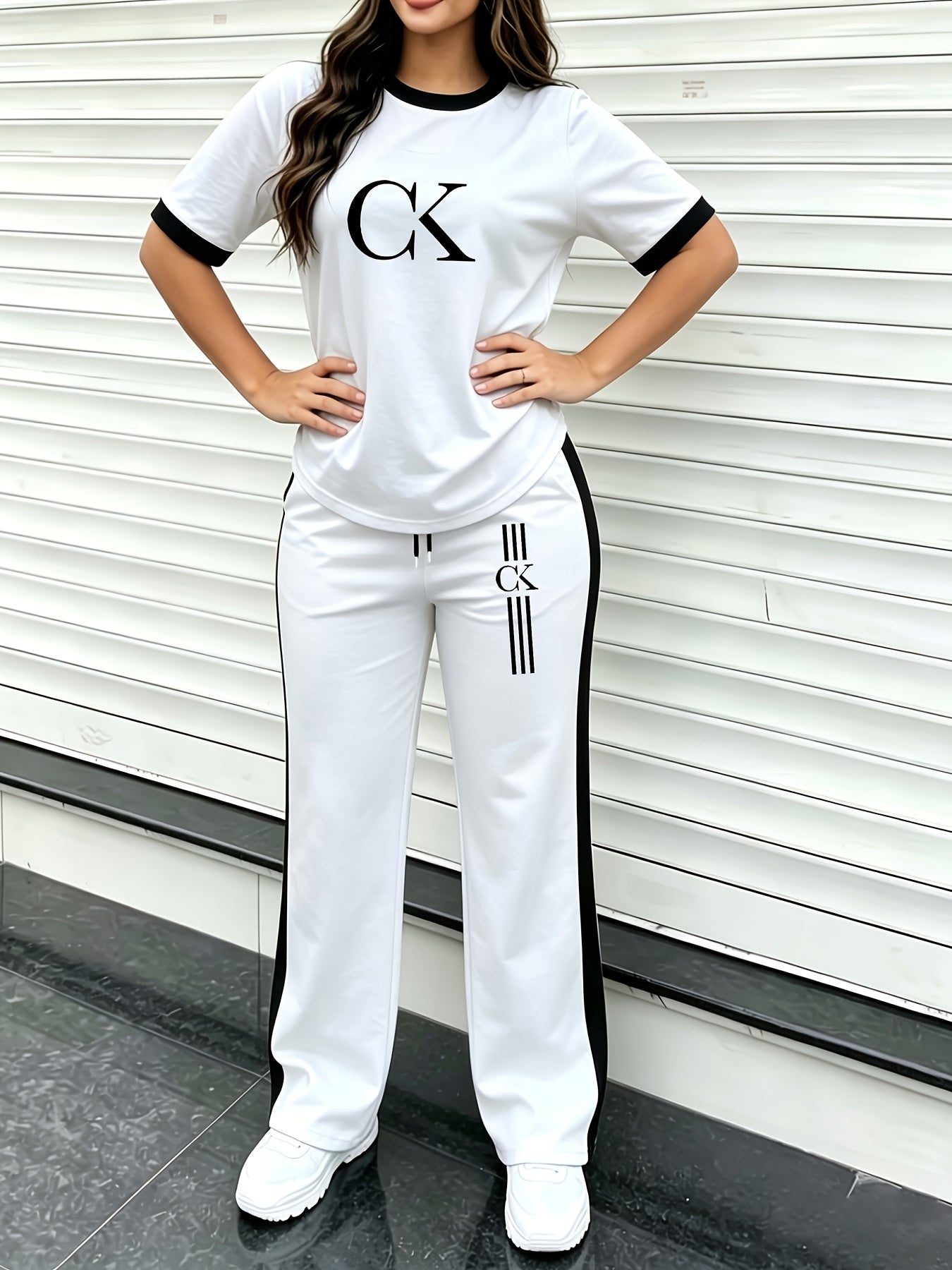 Women's Casual Summer 2-Piece Set with Ringer Neck Top & Wide-Leg Pant