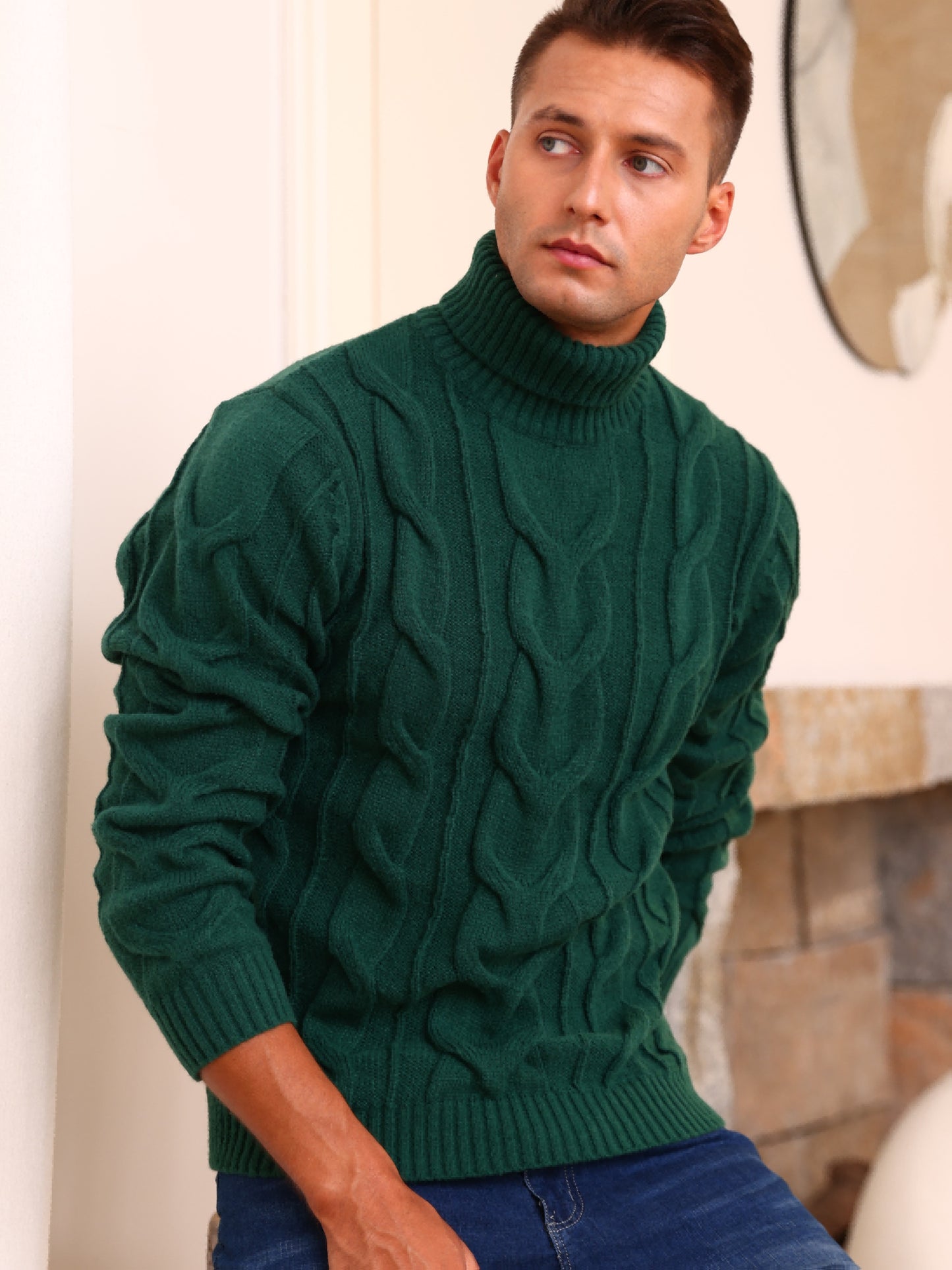 Men's Winter Knit Sweater Thickened Warm High Neck Pullover - Soft Cable Knit Design Solid Color Casual Cold Weather Sweaters for Office & Casual Attire (Regular Fit)