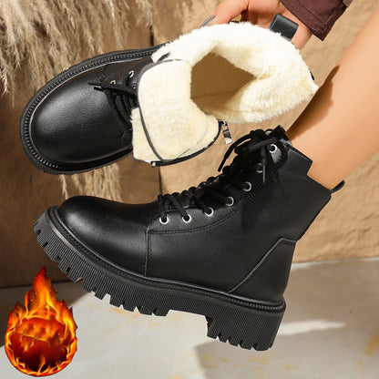 Women's Japanese-Inspired Winter Boots with Plush Faux Collar & Synthetic Upper - Chunky Rubber Sole Round Toe Ankle Boots, Black & White for Cold Weather, Casual & Formal Wear (Snow/City/Office) - Easy-Clean Synthetic, Boots