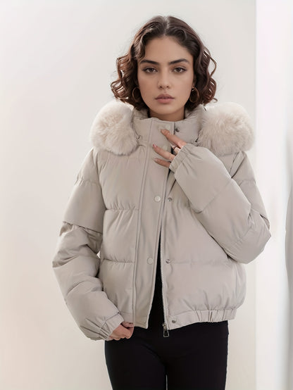 Women'S Winter Coat with Removable Faux Fur Hood - Thickened Loose Fit Long Sleeve Jacket, Zippered Pockets & Button Front, Casual Solid Color Outerwear for Cold Weather, Cozy Warmth, Buttoned Closure, Durable Fabric