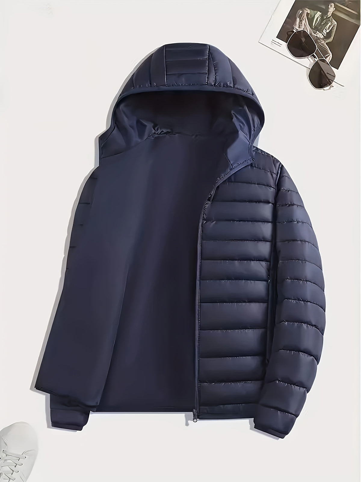 Men's Quilted Hooded Jacket with Ribbed Cuffs for Winter