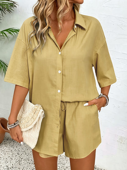 Women's Solid Casual Short Sleeve Shirt & Shorts Set - Spring/Summer