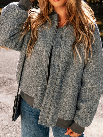 Women'S Elegant Casual Baseball Collar Jacket - Long Sleeve Zip-Up Coat with Asymmetrical Hem, Non-Stretch Fabric, Regular Fit for Spring/Fall, Casual Outerwear, Spring Fall Clothing, Chic Layering Piece, Durable Construction