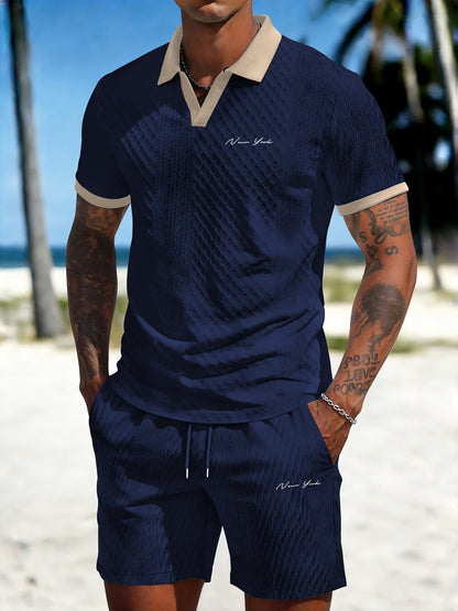 Men's Casual Summer Knitted Polo Set with Geometric Pattern