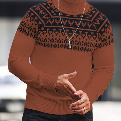 Տղամարդու երկրաչափական գրաֆիկական նախշերով տրիկոտաժե սվիտեր, աշնանային ձմեռային երկար թևքով կրիայով վզնոցով, բացօթյա հագուստի համար