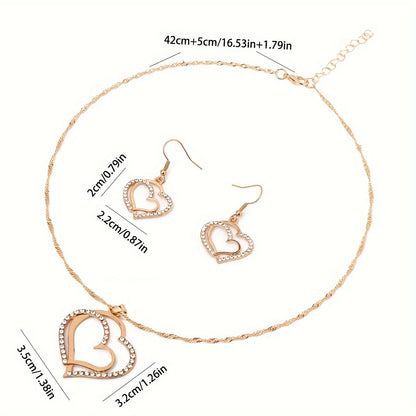 A Creative And Unique Jewelry Set Consisting Of 1 Pair Of Earrings And 1 Necklace, Featuring A Sparkling Heart-shaped Design With Shiny Rhinestones, Perfect For Accessorizing Daily Outfits Or Party Wear.