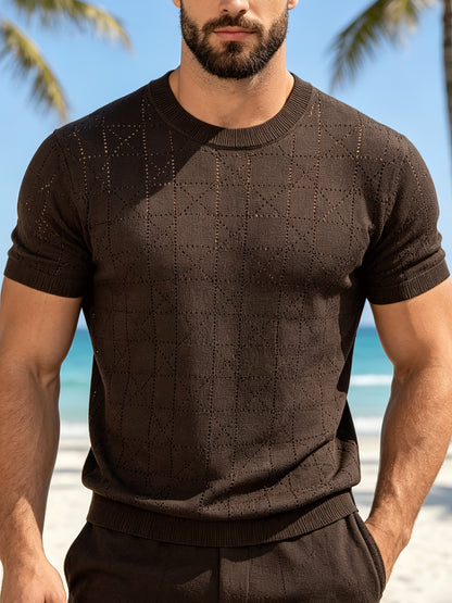 Men's Loose Fit Short Sleeve Hollow Knit Crew Neck Top